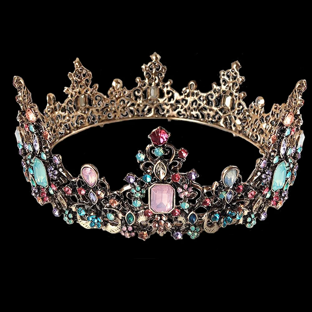 

1pc Golden Crown Headpiece Colored Rhinestones Tiara For Wedding Party Bridal Vintage Alloy Queen Headdress Women Crown Hair