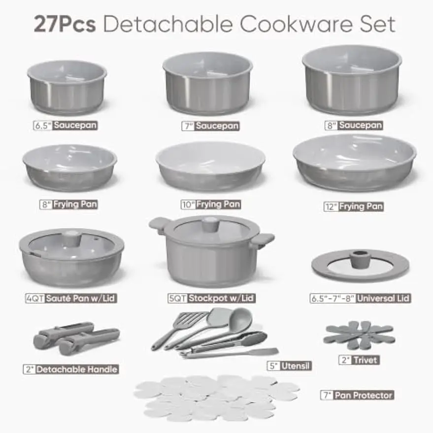 27Pcs Ceramic Cookware Set Pots Pans Detachable Handle Nonstick Nontoxic Pfas Pfoa Free Induction Compatible Dishwasher Oven Saf