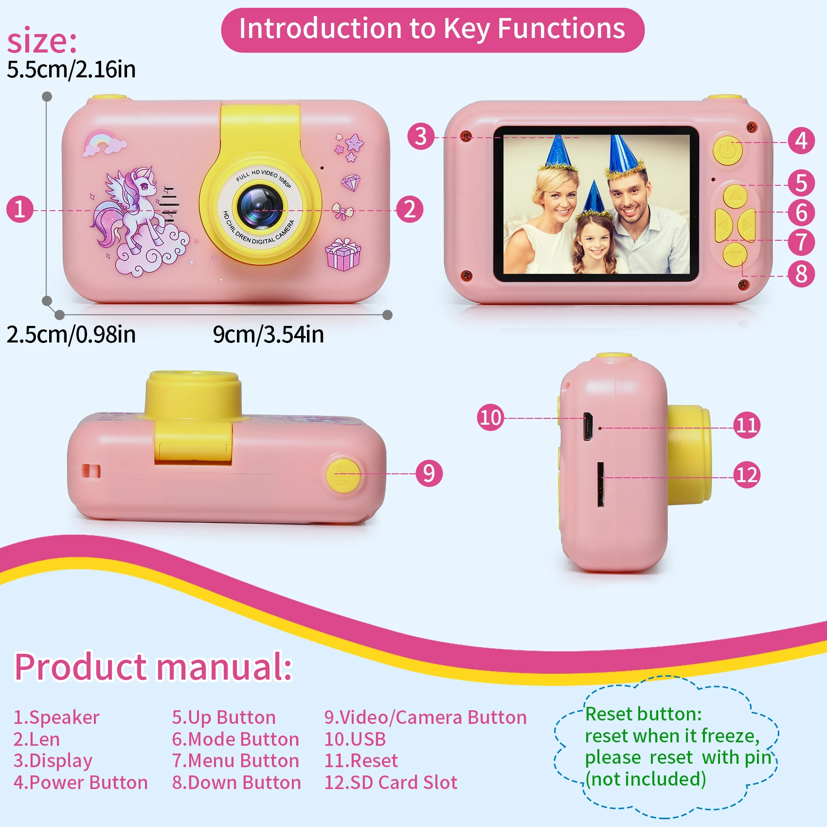 HD 2000W Pixels Kids Camera Cartoon Cute Children Video Digital Camera with Flip-up Lens for Selfie Birthday Gift for Girls Boys