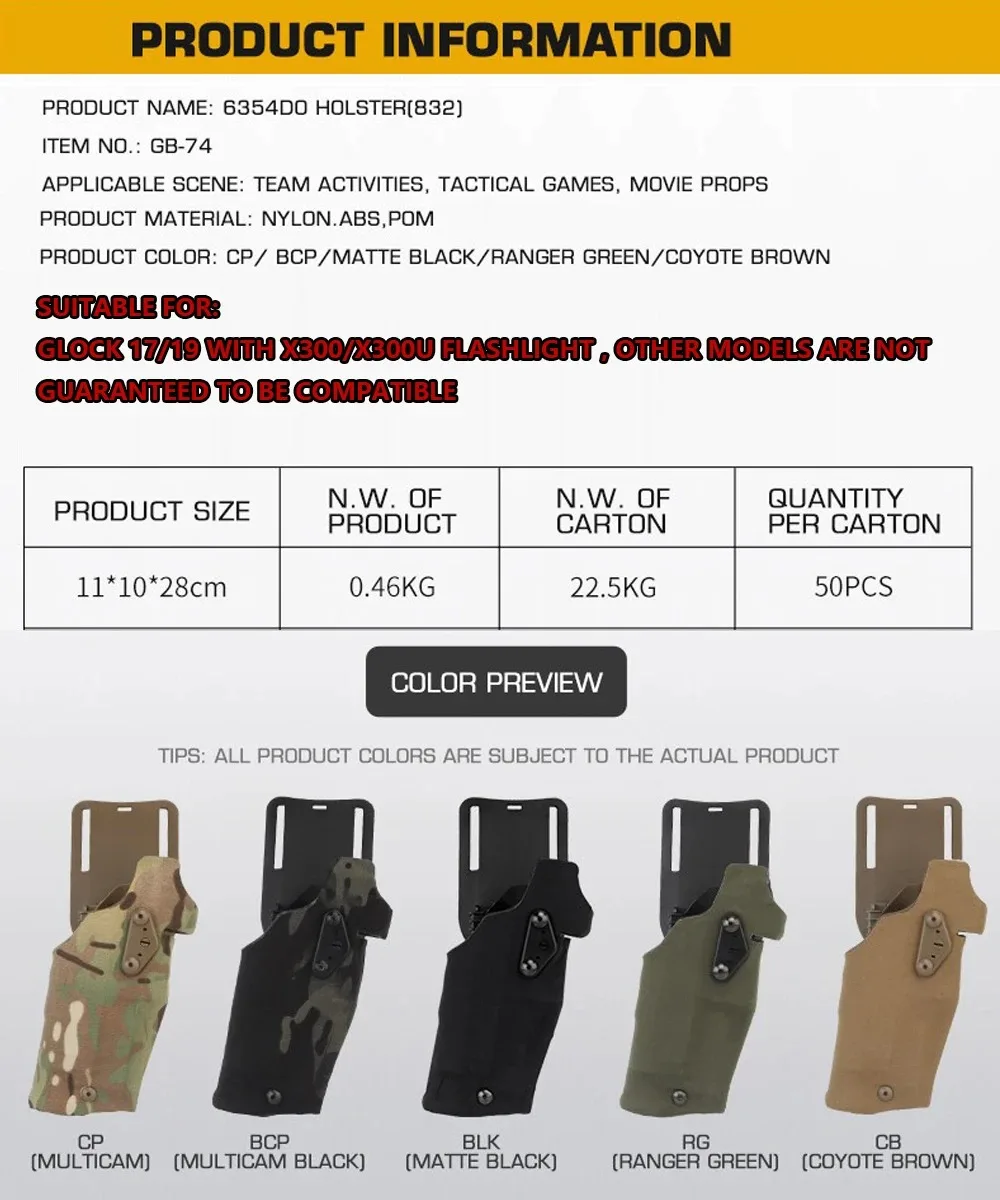 63DO Tactical Pistol Holster X300 Light-Compatible for Airsoft G17/19 with QL Mount Holster Panel Adapter Leg Shroud Drop