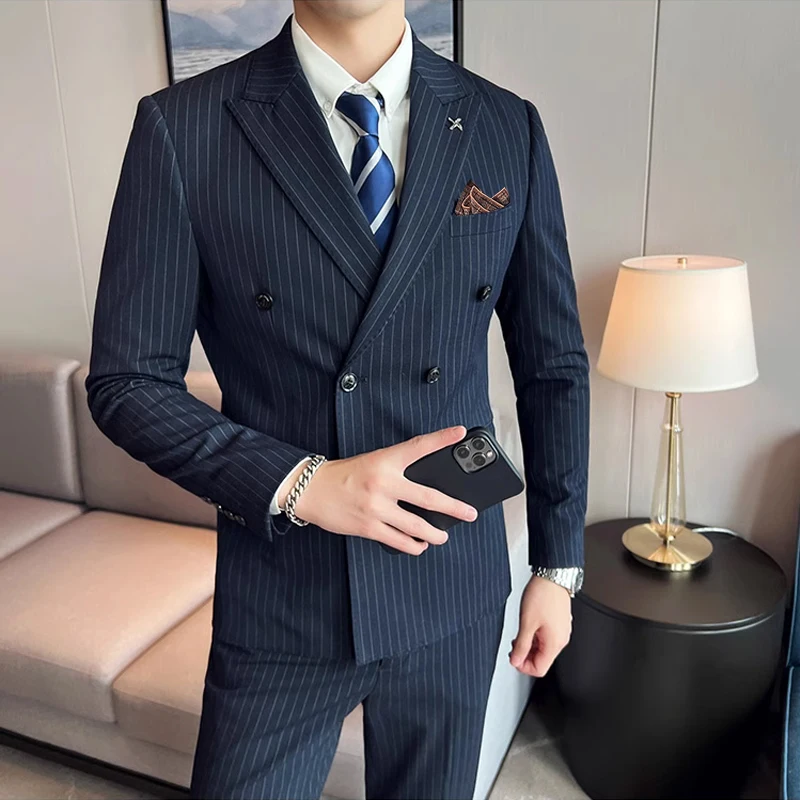 ( Jacket + Pants ) High-end Fashion Striped Men\'s Formal Double-breasted Business Suit Groom Wedding Dress Mens Suit 2 Piece Set