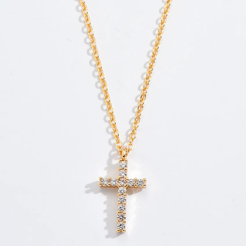 Fashion New Zircon Inlaid Cross Necklace Pendant Jewelry for Women Gold Color Long Clavicle Chain Necklaces