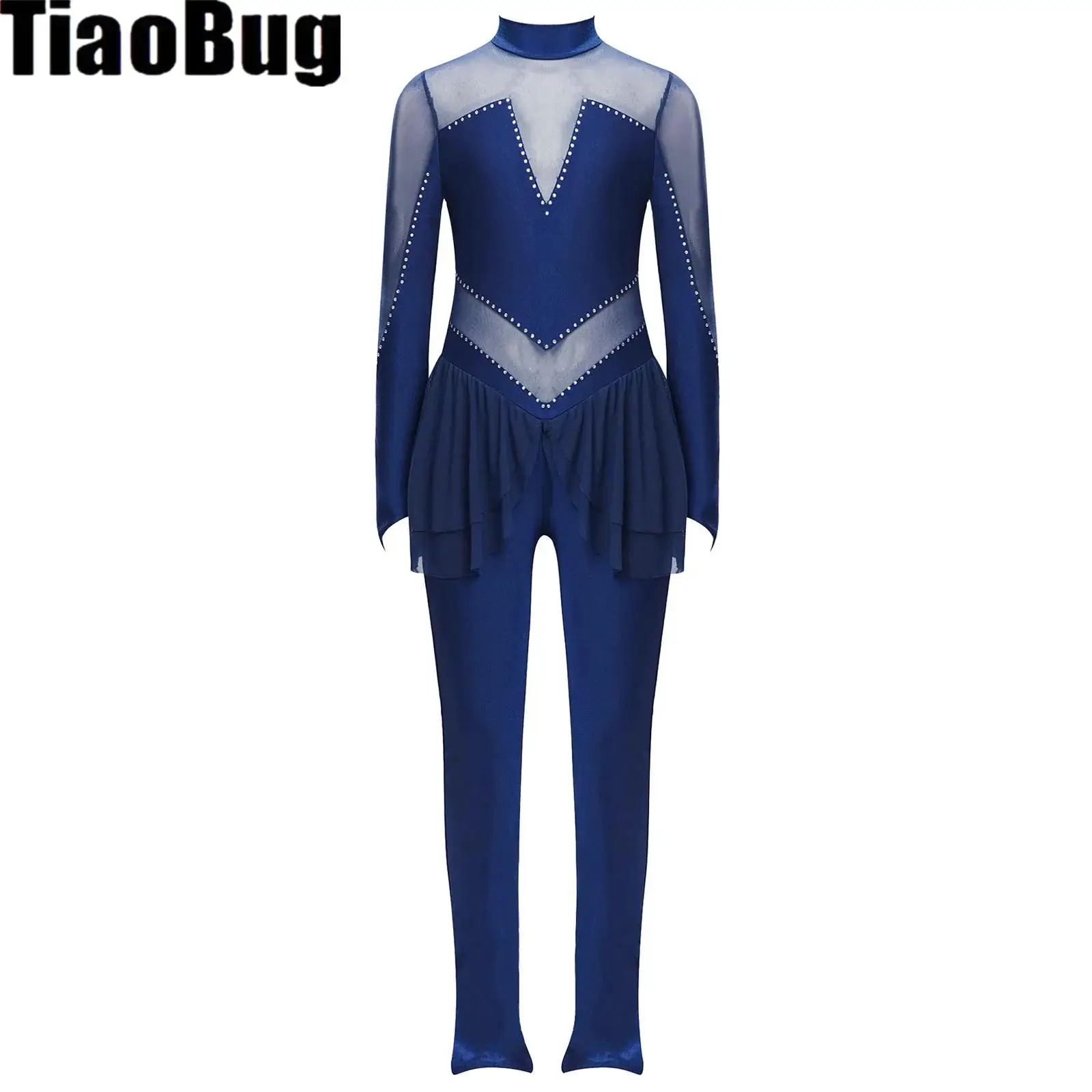 

Girls Long Sleeve Sheer Mesh Ballet Dance Leotard Workout Figure Skating Dance Jumpsuit Rhinestones Gymnastics Bodysuits Costume