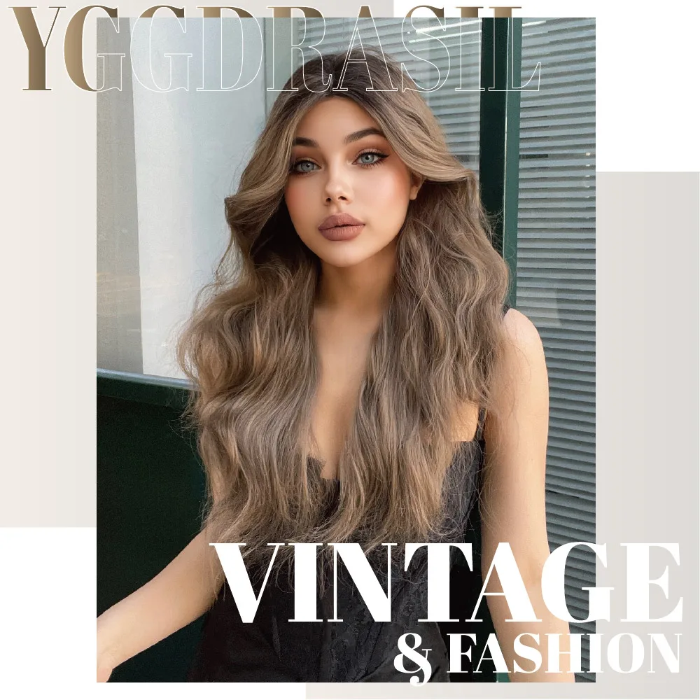 28Inch Honey Tea With Brown Roots Synthetic Wigs Middle Part Long Natural Wavy Hair Wig For Women Daily Use Heat Resistant