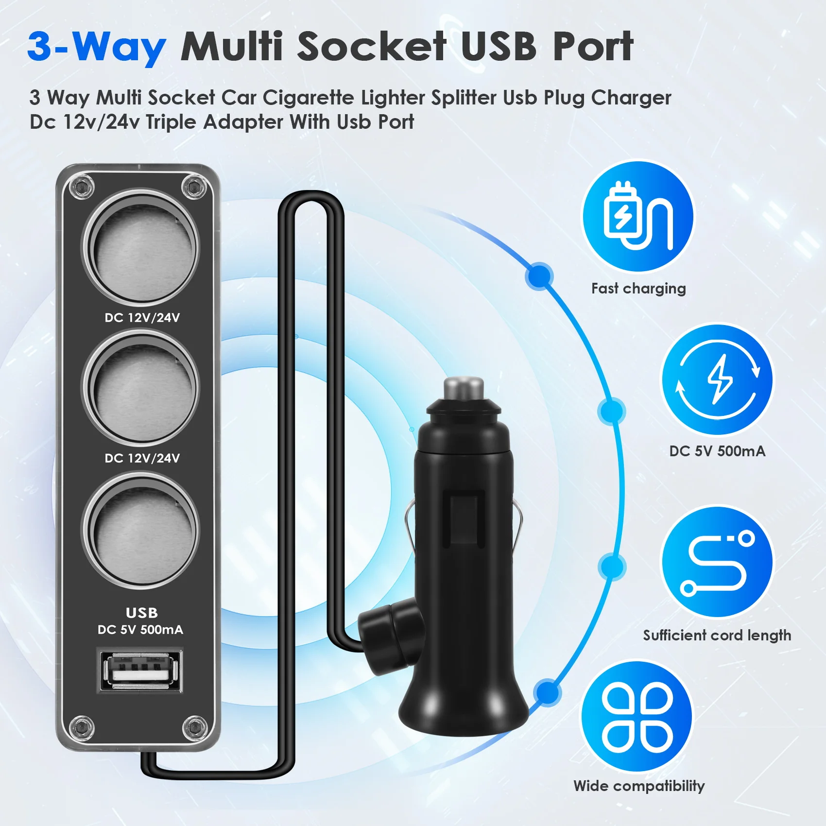 Новый 3-ходовой многоканальный разъем для автомобиля, комбинезон CIGARETTE LIGHTER, USB-разъем, зарядное устройство, 12 В/24 В постоянного тока, тройной адаптер с USB-портом