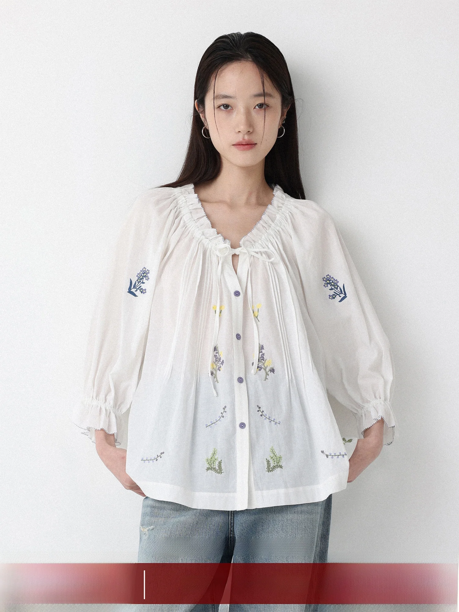 

Низкокалорийная женская рубашка-кардиган с вышивкой, рюшами, поясом, V-образным вырезом, рукавами-фонариками, свободного кроя, из чистого хлопка, с длинными рукавами