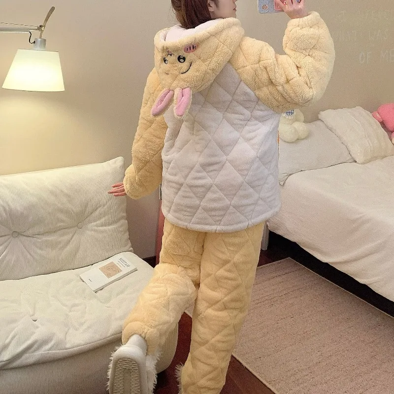 cute-chiikawa-usagi-pajama-set-three-layer-quilted-fabric-thick-warm-soft-cozy-cold-resistant-loose-fit-casual-winter-loungewear