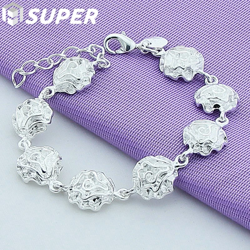 

925 Sterling Silver Rose Flower Chain Bracelet For Women Fashion Charm Wedding Engagement Party Jewelry