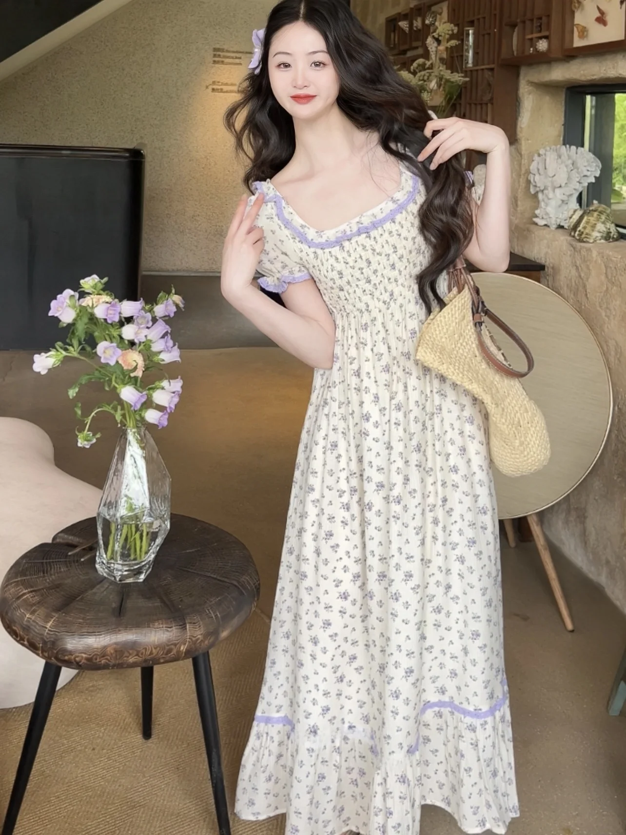 

Joey Small Purple Flower Empress Skirt Long Floral Dress Elegant French Style High Waist A-Line Summer Dress Square Neck