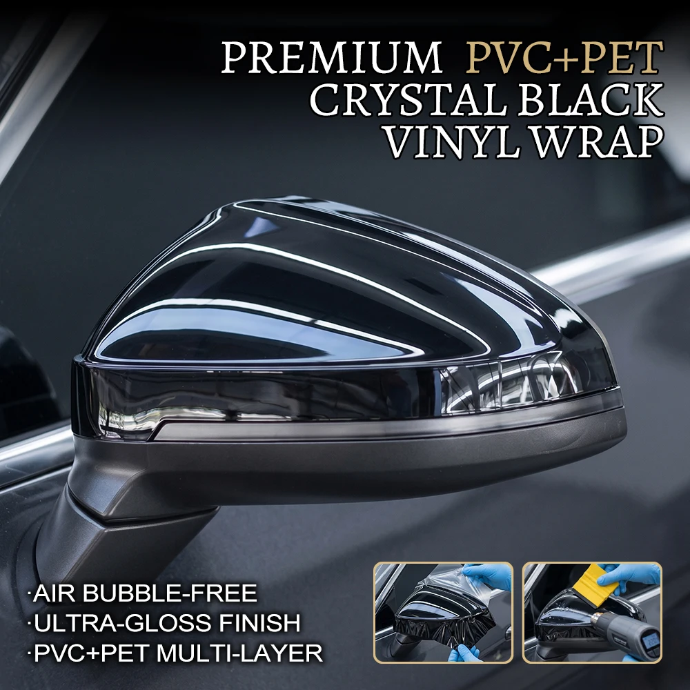 PET Crystal Black Car Rearview Mirror Vinyl Wrapping Film Self Adhesive Glossy Car Film Air Bubble Free Color Change Decor Film