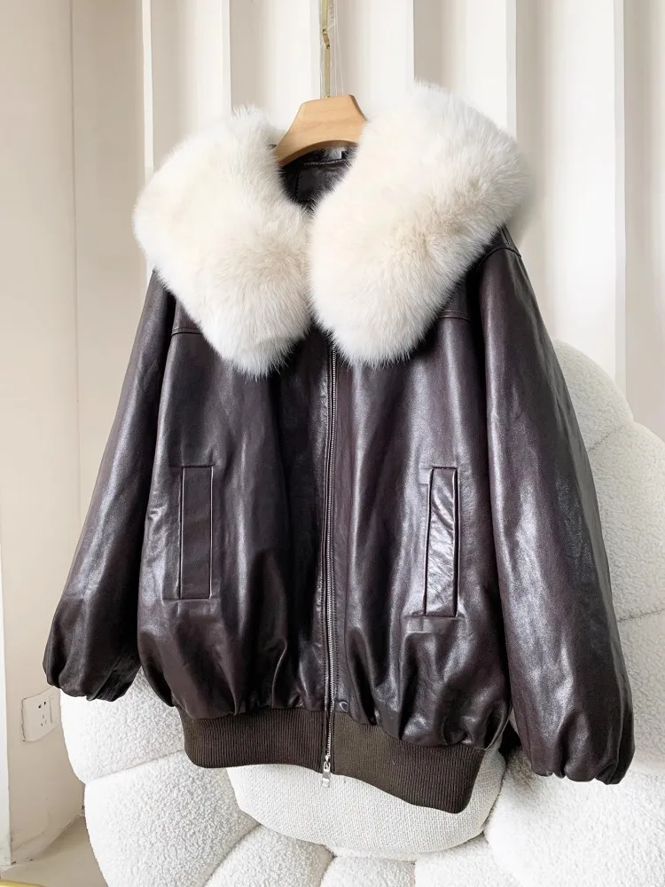 Abrigo de invierno de piel auténtica para mujer, abrigo con cuello de piel de zorro empalmado, forro cálido, chaqueta de piel de oveja auténtica de alta calidad