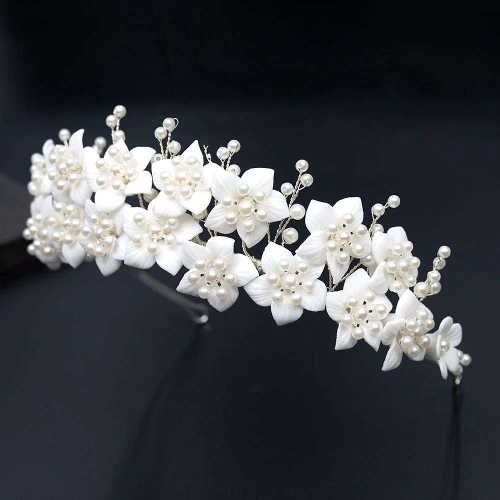 SLBRIDAL Handgemachte Kristall Strass Perlen Keramik Blume Braut Tiara Hochzeit Brautjungfern Party Krone Frauen Mädchen Haar Schmuck – Detail 4