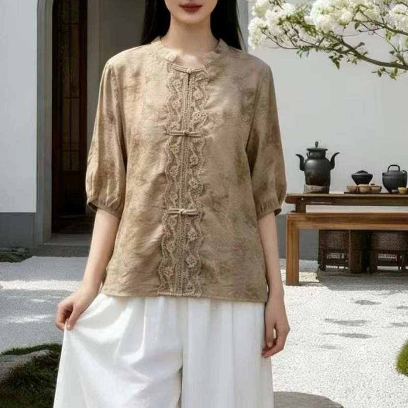 

plus Size Women's Shirt Thin Sleeveless New Chinese Style round Neck Button up Casual Comfortable Fit Summer Spring Outerwear