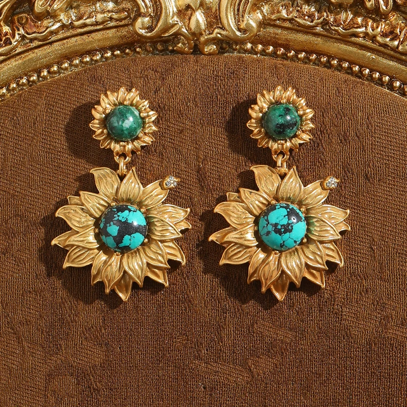 

Vintage Retro Sunflower Drop Earrings Luxury Turquoise Jewelry For Woman Pendant High Quality Luxury Brand 2025 New Arrival