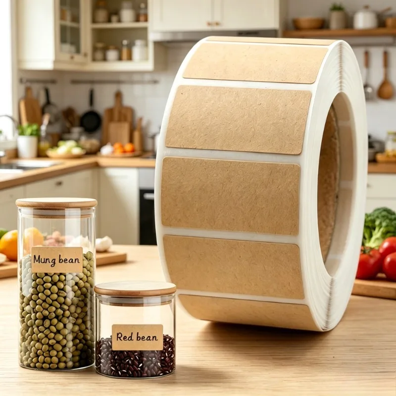 1 Roll (800Pcs) of Kraft Paper Self-Adhesive Labels, Thick Texture, Smooth Writing Comes with Its Own Adhesive Backing for Easy Application, Clear Writing That Won'T Smudge, Used for Packaging Marking, Object Classification, and Storage Labeling, Easy to Use and Convenient.
