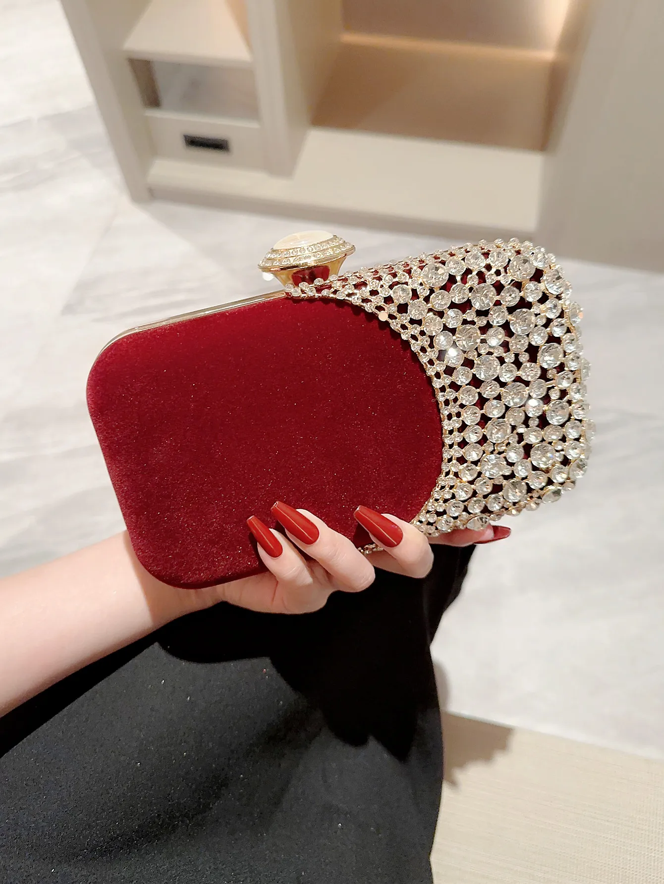 Ladies Autumn Winter Velvet Evening Bag Sparkling Rhinestone Decorative Box Clutch Evening Bag Party Bag Prom Bag Annual Meeting Bag Dress Bag