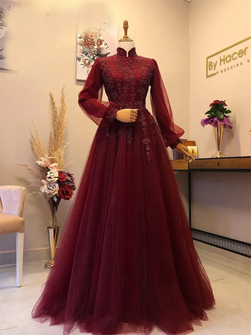 

Burgundy Long Sleeve Muslim Evening Dresses Tulle Appliques Islamic Formal Party Gown Women Hijab Arabic Kaftan Robe De Soiree