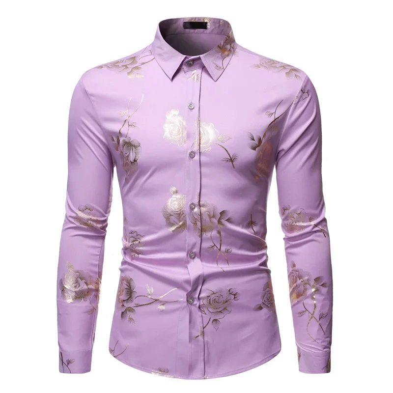 Mens Gold Rose Floral Print Shirts Brand Floral Steampunk Chemise White Long Sleeve Wedding Party Bronzing Camisa Masculina New