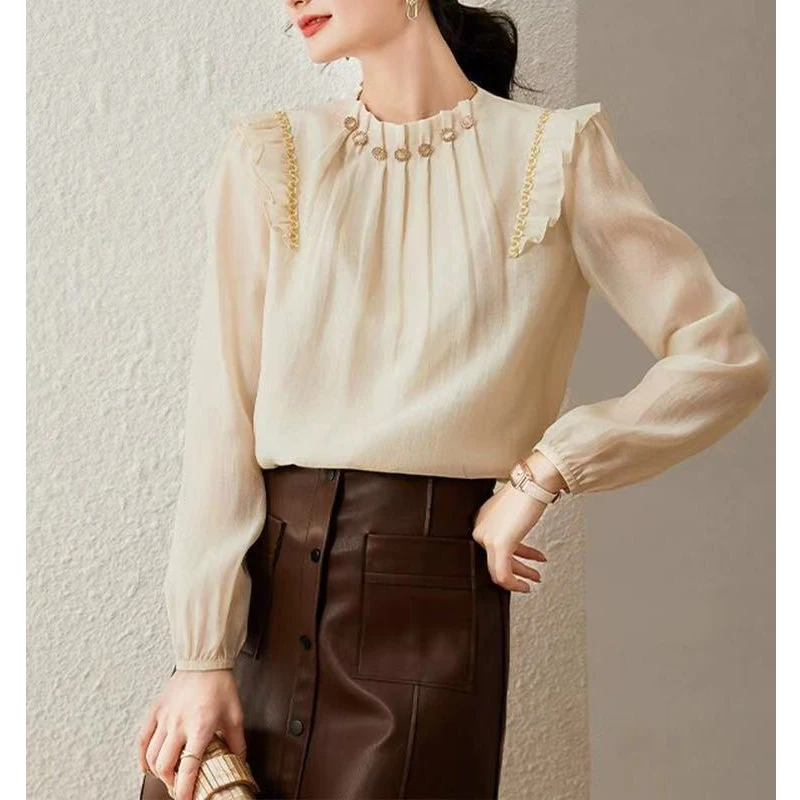 Women Clothing Spring Stylish Ruffle Beaded Chic Blouses Office Lady Elegant Commute Shirts Solid O Neck Long Sleeve Loose Tops