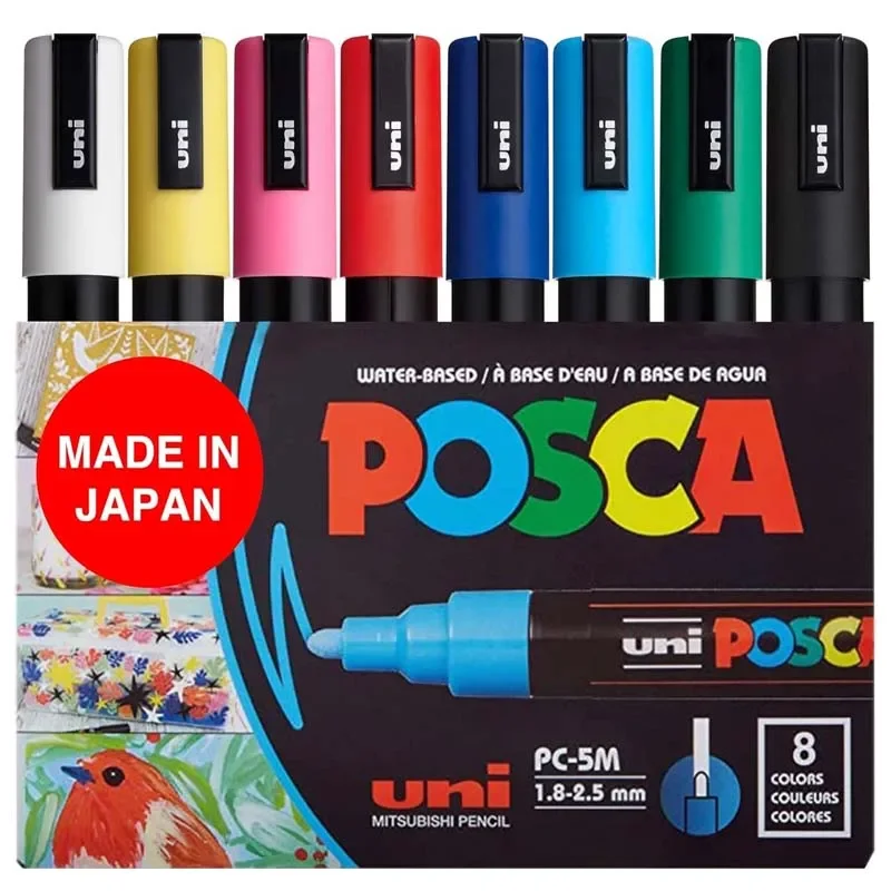 Uni PC-5M 8 Colors Set POSCA Paint Marker Pen Acrylic Water-based Art Painting POSCA Markers for Fabric Leather Glass Wood DIY