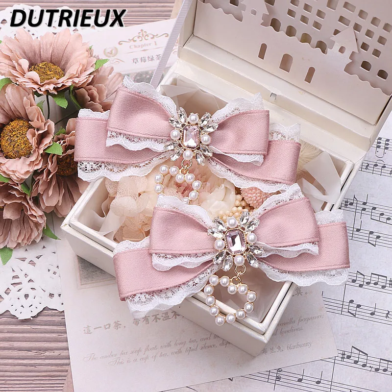 Lolita Style Clip Hair Pins Accessories Customized Japanese Style Girl Sweet Cute Rhinestone Pendant Lace Headwear Hair Clips