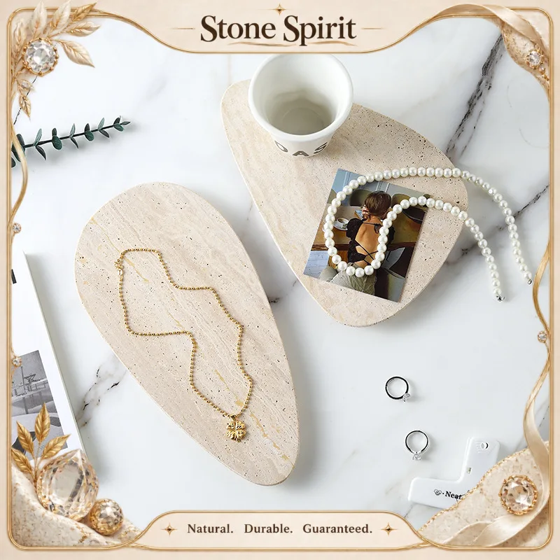 Irregular Shape Natural Marble Tray for Ring Earrings Jewelry Display Decorative Travertine Trinket Dish for Watch Keys Perfume