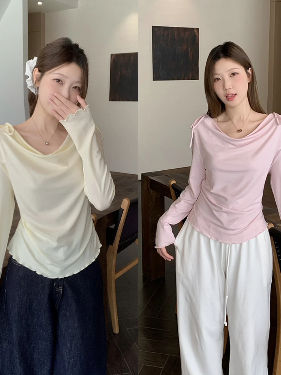 

plus Size Women's Long T-Shirt Spring New Style Knot Slimming Neckline Overhead Shirt Korean Style Loose Fit Long S...