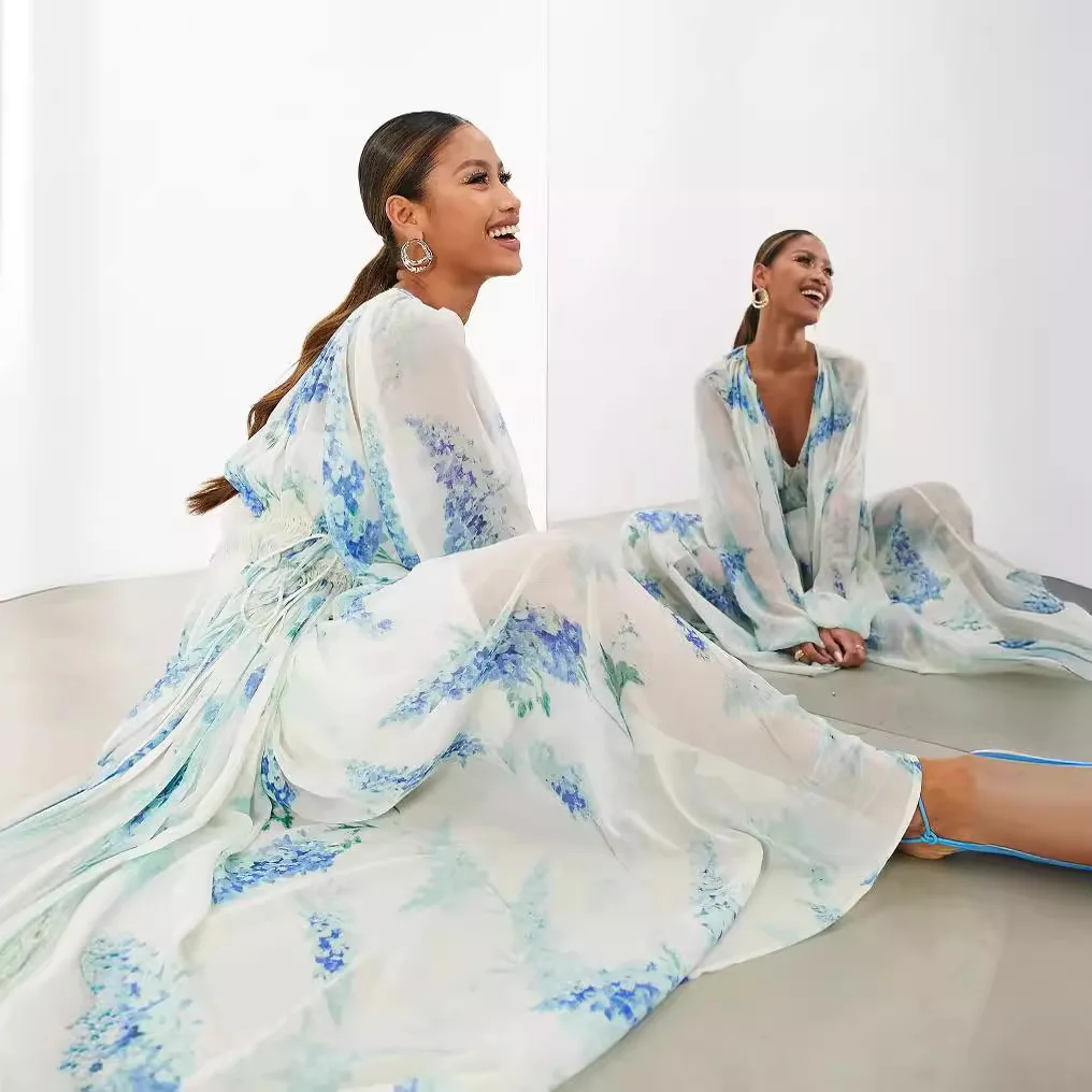 ลึก V คอผู้หญิงพิมพ์ชุดฤดูร้อนหลวม Boho ชุดลําลองแขนยาว Beach Party Dresses สําหรับผู้หญิง Robe Femme 2025