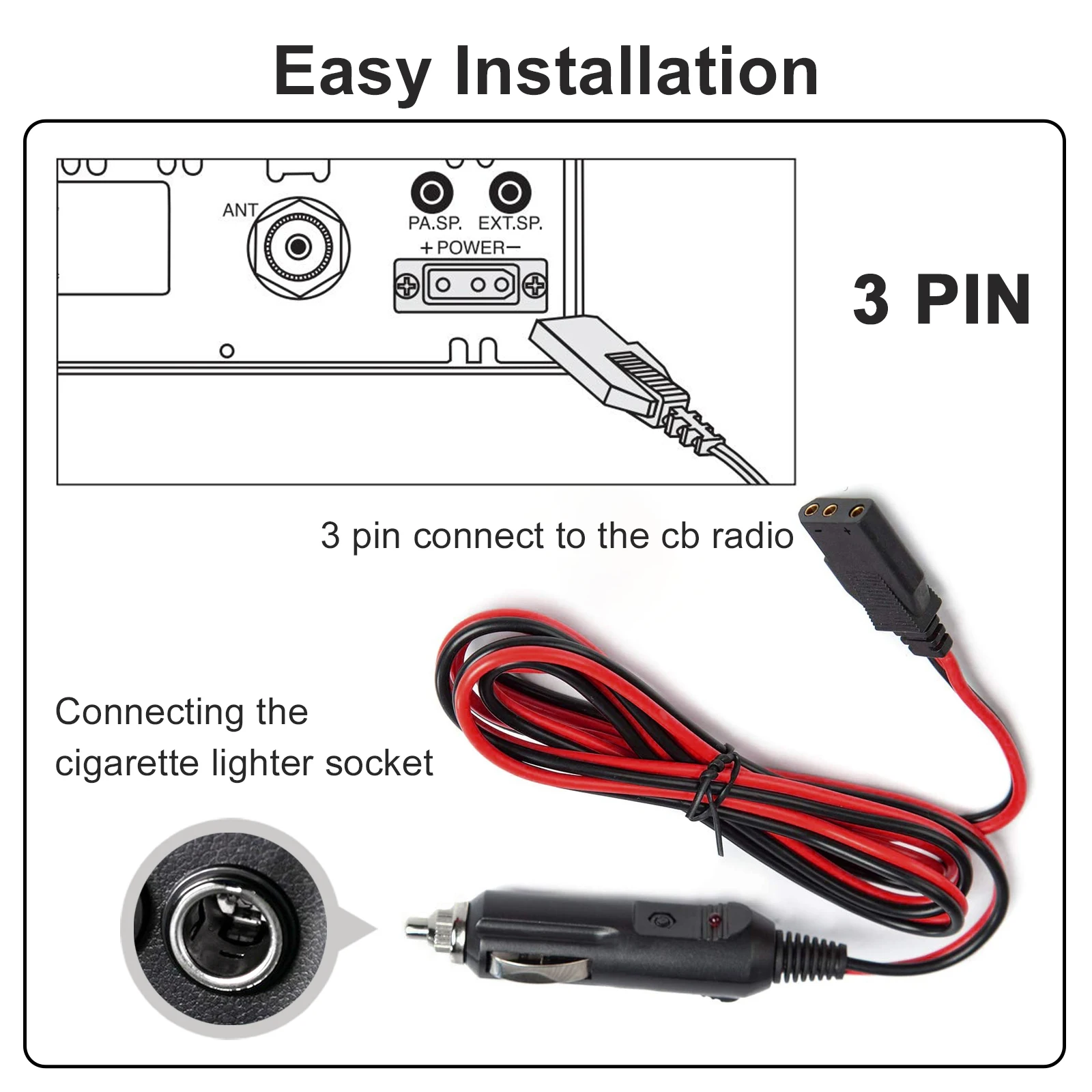 CB power cord cable 2-wire 15A 3-pin Plug Fused Replacement CB Power Cord with 12V Cigarette Lighter Plug for CB/Ham Radio