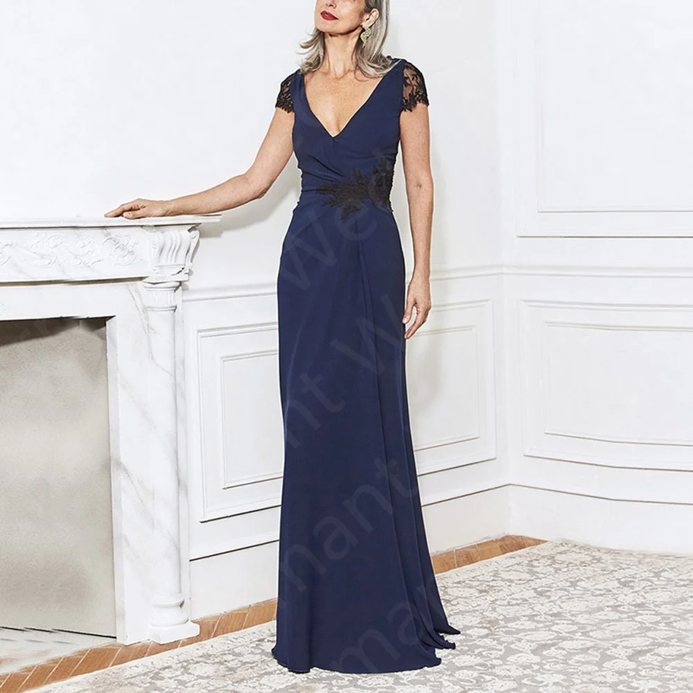 

Elegant New Navy Blue Mother of the Bride Dress Lace V Neckline 2023 Dresses Short Sleeves Wedding Guest Gowns Appliqued