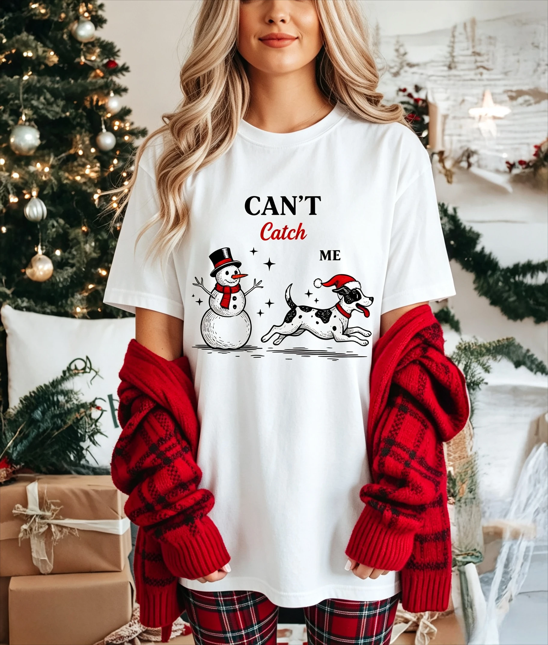 Xmas Holiday Casual Wear Women Christmas Snowman Dog T Shirt Cant Catch Me Print Santa Hat Funny Graphic Short Sleeve Crew Neck
