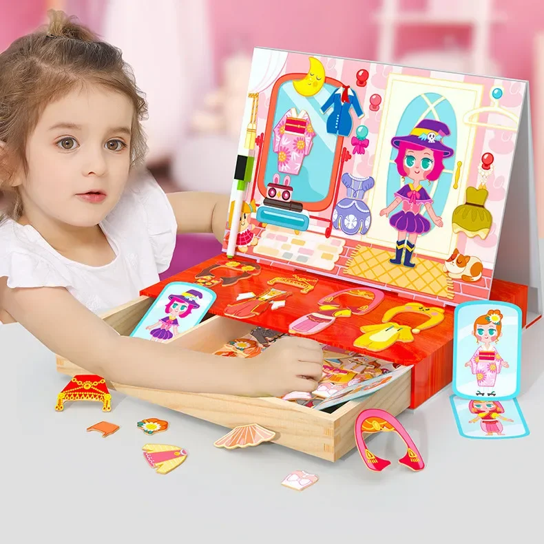 [Funny] Wooden Magnetic girl puzzle Double-sided drawing board children's Early enlightenment education toys baby birthday gift