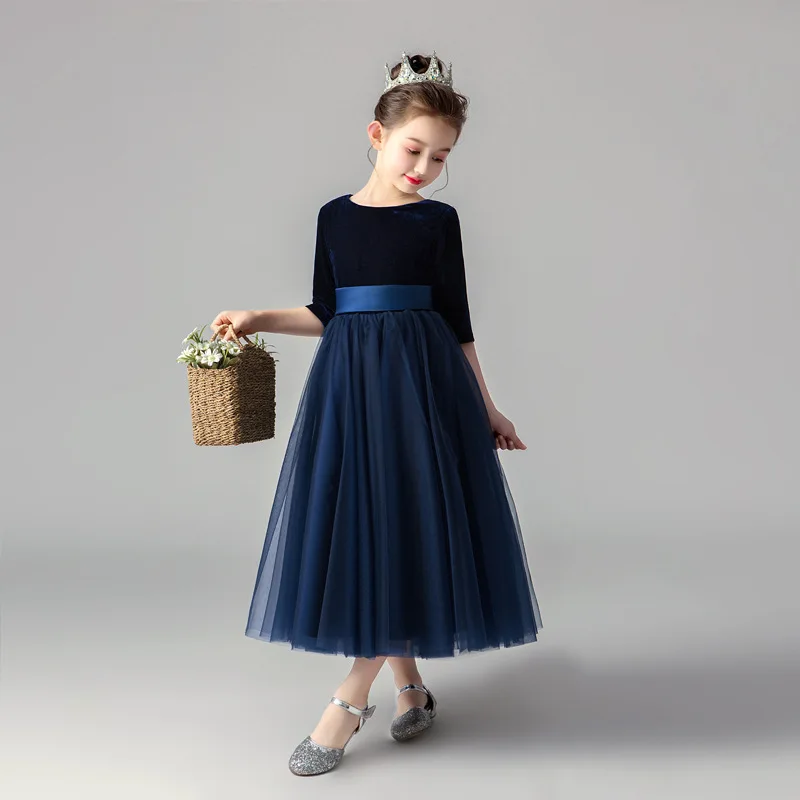 Fashion Girls Black Dresses Children Piano Performance Formal Costumes Kid Birthday Party Luxury Slim Fit Tulle Shiny Dress