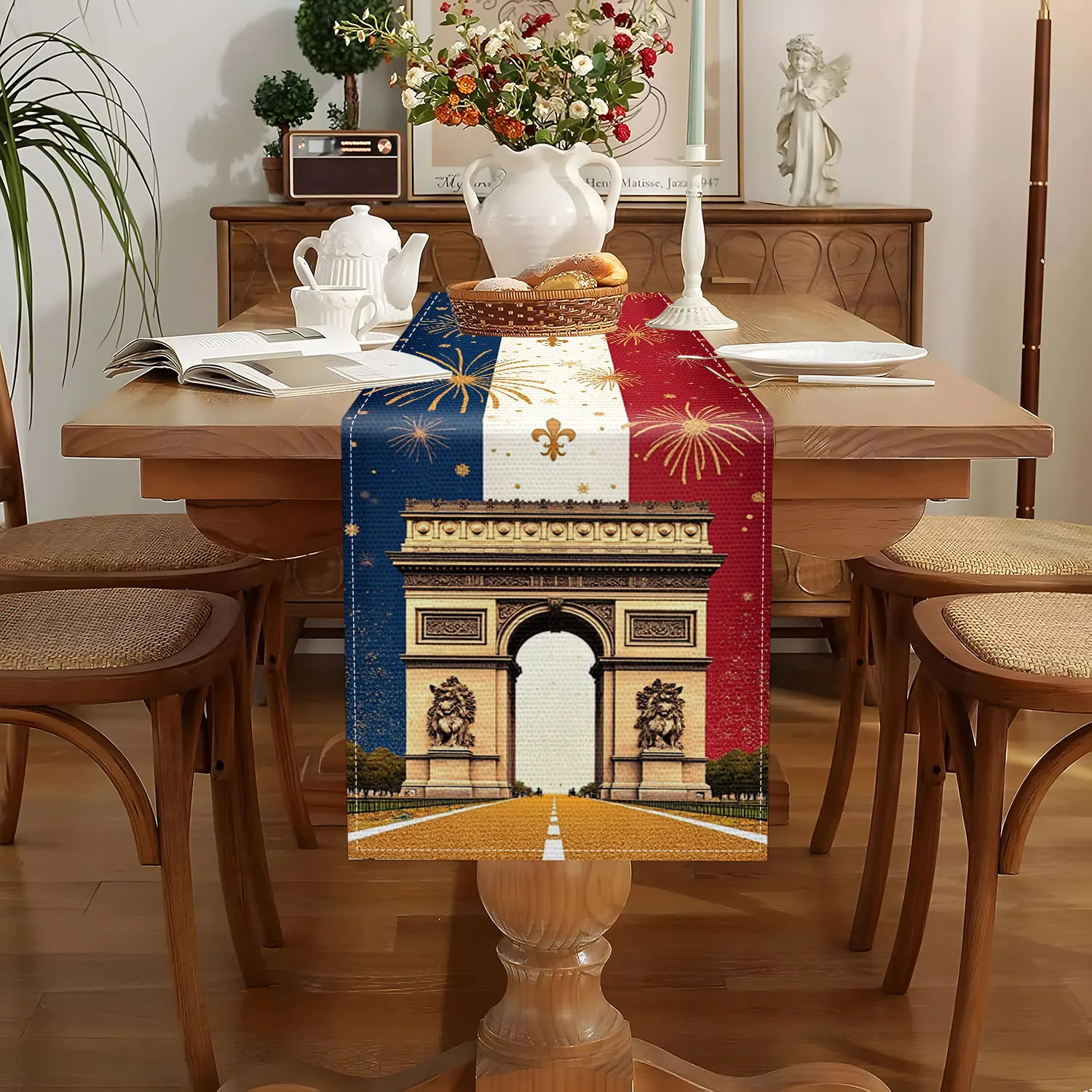 1 Piece of French Celebration-Themed Table Runner, French Flag Elements, Arc De Triomphe and Fireworks Patterns, Suitable for French National Day Theme Parties, French Celebration Event Decorations, Romantic Style Restaurant Decorations, Cultural Exchange Activities, Special B&B Rooms, Creative Market Stalls, French Culture-Related Parties