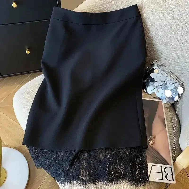 Spring All Match New Office White-collar Back Slit Solid Color Skirt French Light Luxury Lace Patchwork Skirt for Women