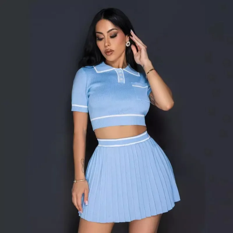 Women Fashion Color Patchwork Knitted Two Piece Set Polo-neck Short Sleeve Crop Tops Mini Pleated Skirts Tennis Casual Suits