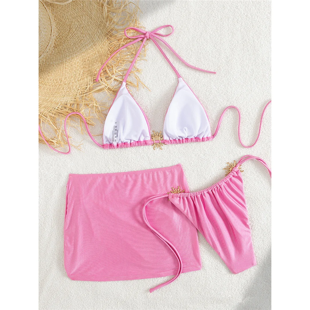 S - XL Neu mit Rock, Neckholder-Bikini, Damen-Badebekleidung, dreiteiliges Bikini-Set, Damen-Badeanzug, gepolsterter Badeanzug, Badebekleidung, Schwimmbekleidung V7266 – Detail 11