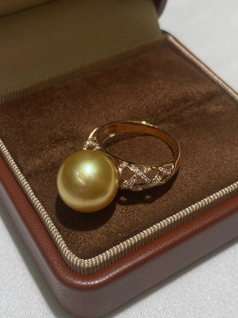 KUGG PEARL 18K Yellow Gold Ring Shiny Diamond Luxury 12-13mm Natural South Sea Gold Pearl Ring for Women High Party Jewelry