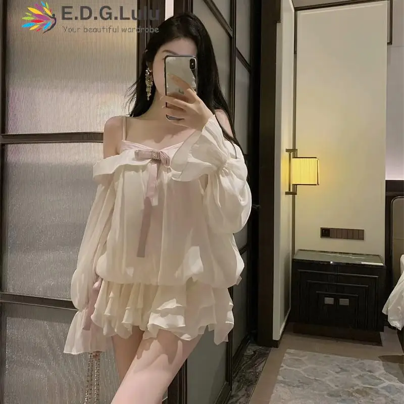 EDGLuLu Spring Outfits Women 2024 V-Neck Bow Off Shoulder Long Sleeved Mini Dress Elegant Sweet Flare Sleeved White Dress 0417