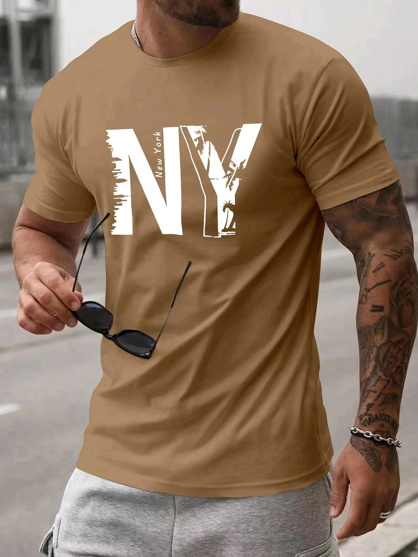 Summer men's 100% pure cotton casual loose plus size NY letter printed sports comfortable round neck short sleeved T-shirt top image 2