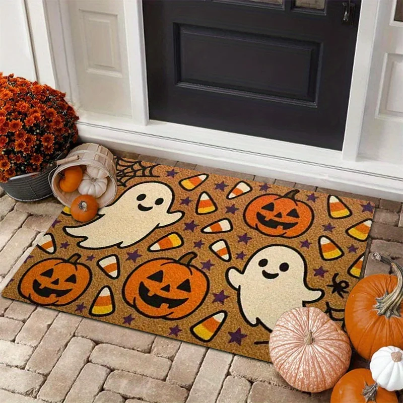 Lovely Halloween Ghost Pumpkin Candy Corn Spider Web Flannel Doormat Anti Slip Absorbent Front Door Mat Home Entrance Decor view 3