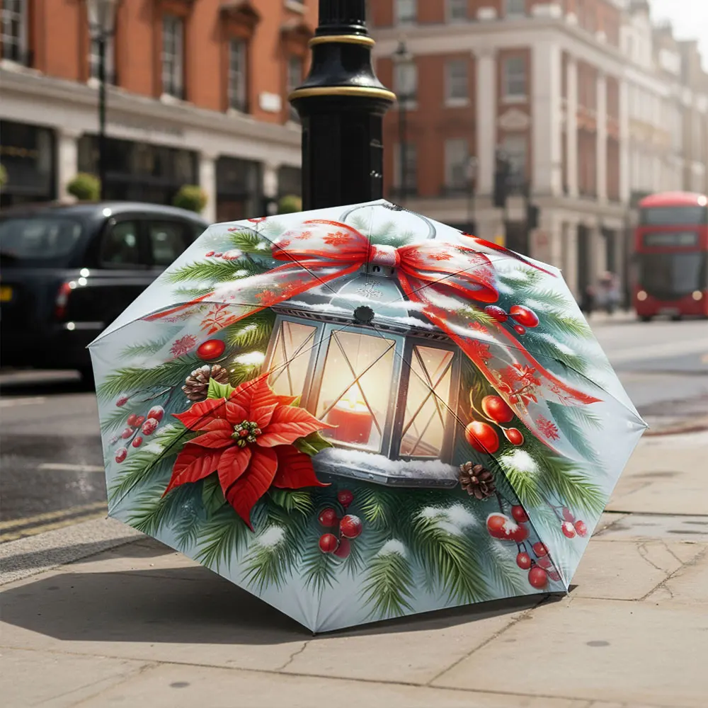 1P C Christmas Lantern Design Umbrella Adds Festive Charm Print 8 Iron Ribs Folding Umbrella Auto-Open Fashion Sunshade