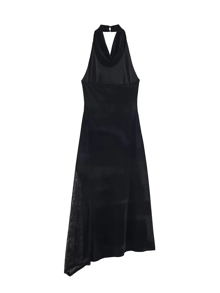 Hh mulher primavera elegante novo sexy sem costas sem mangas dobras rendas decoração vestido de veludo moda feminina halter pescoço vestido de banquete