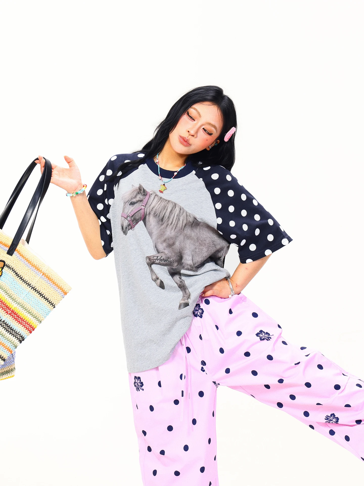 Light Blue American Style Polka Dot Contrast Color Short Sleeve Women's T-shirt Summer Loose Lazy round Neck Cotton Polyester...