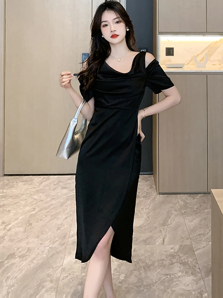 Robe en Satin noir Chic, épaules dénudées, Sexy, écharpe, Vintage coréen, Hepburn, vêtements de bal, été, élégante, robe de nuit de luxe, 2025