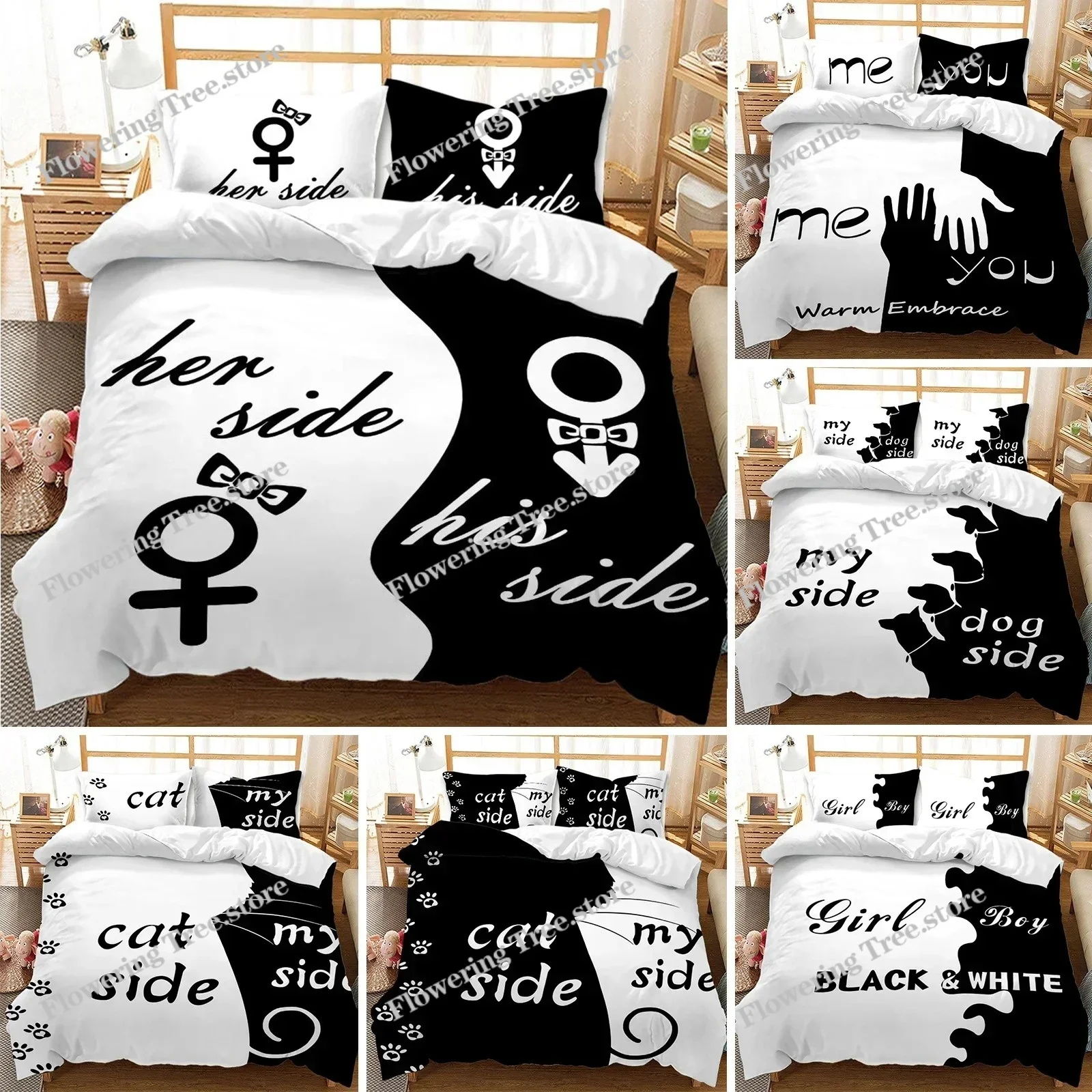 Black and White Duvet Cover Couple Black and White Twin Bedding Set Her Side and His Side Full Queen King Polyester Qulit Cover