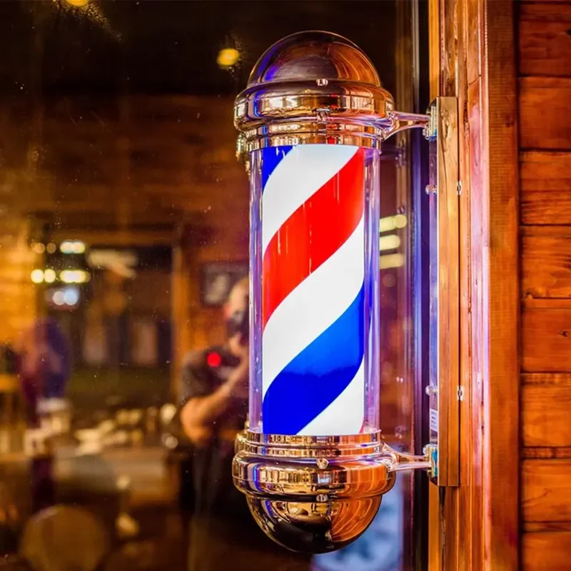 Vintage Barber Shop Pole Light Retro Wall Hanging Lamp for Beauty Salon Haircut Store Decor Classic Rotating Sign Lighting