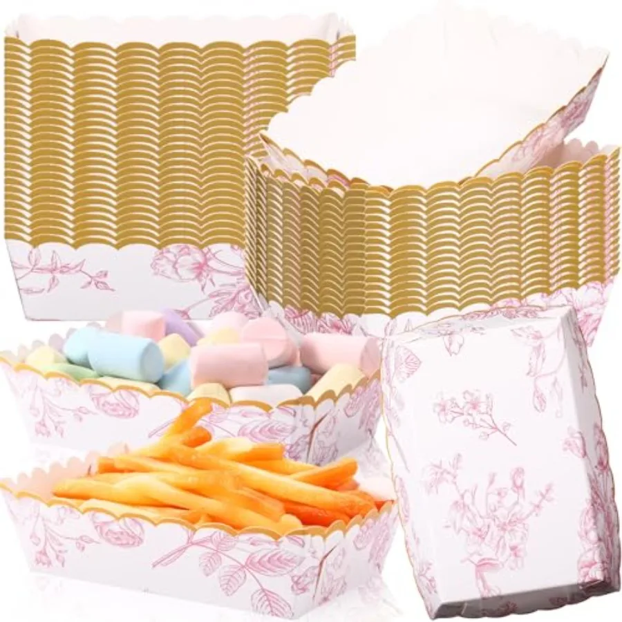 48 Pack Pink Floral Plates Paper Food Trays Scalloped Disposable Bowl Food Boat Nachos Snack Hot Dog Taco Serving Trays for Bir