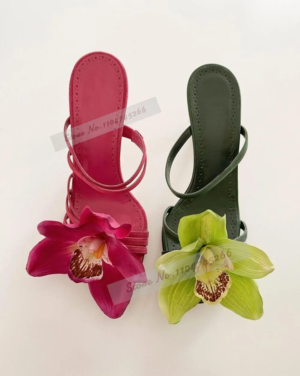

Hot Pink Green Big Lily Flower High Heel Mules Satin Narrow Band Slip-On Dress Sandals Women Blossom Banquet Shoes