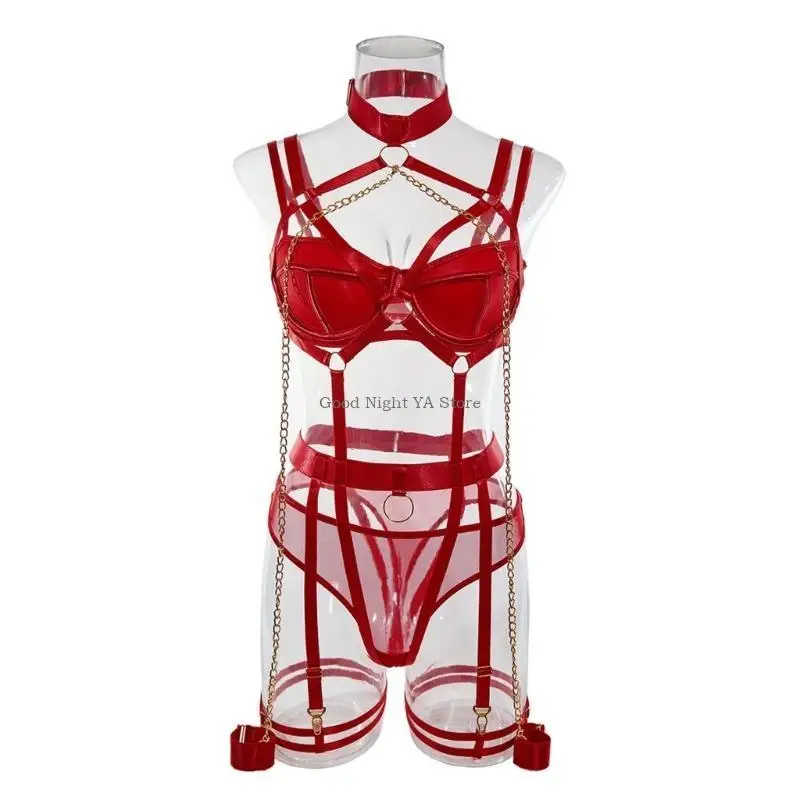 Mesh Lingerie Set Women with Garter Belt Strappy Lingerie Set Choker Bra Panty - Image 4